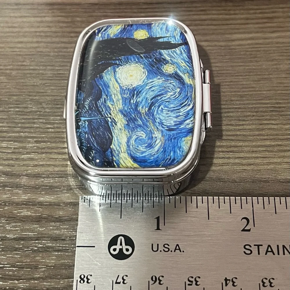 Starry Night Pill Box Portable Metal Pill Organizer 2 Compartment NWOT - Picture 4 of 7